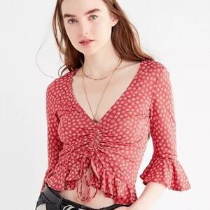 Urban Outfitters Myra Cinch Front Blouse Red Ruffle Sleeve Shirt Size M